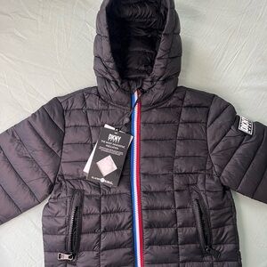 DKNY Kids Puffer Jacket with Red and Blue Accents